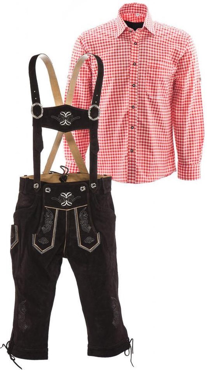 Lederhosen set | Top Kwaliteit | Lederhosen set A (bruine broek + rood overhemd), L, 56